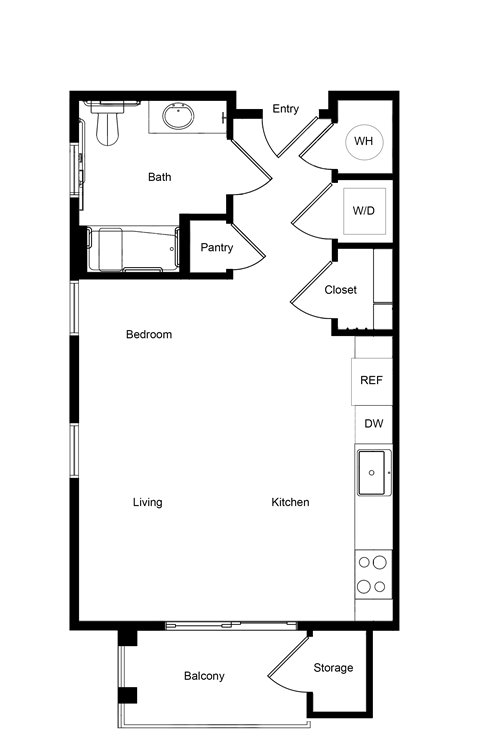 Floor plan for studio, 1 bath, 510 sqft
